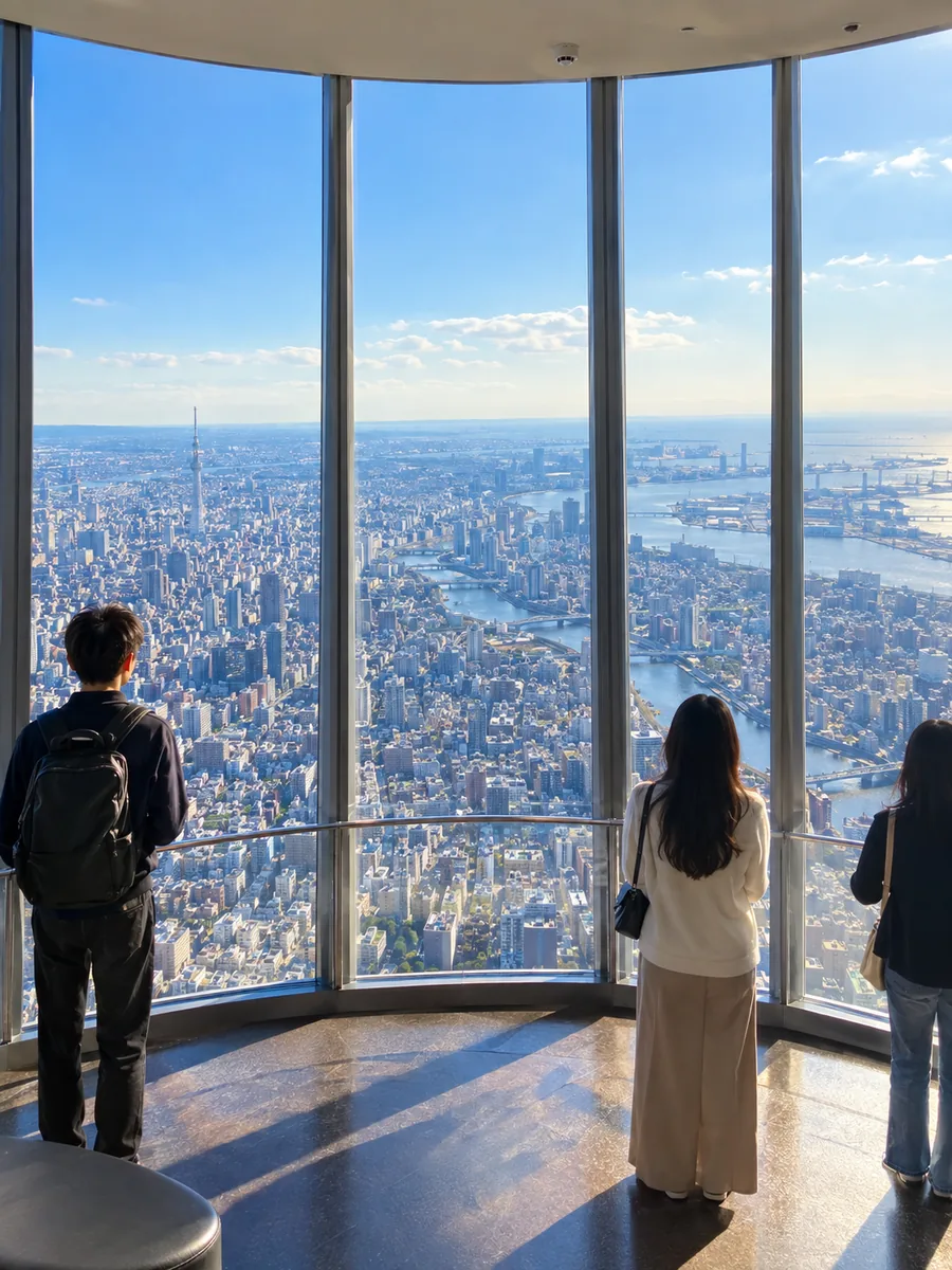 高い展望台の大きな窓辺に立つ人たちの後ろ姿。眼下には日差しを浴びた東京の街と川が広がっています