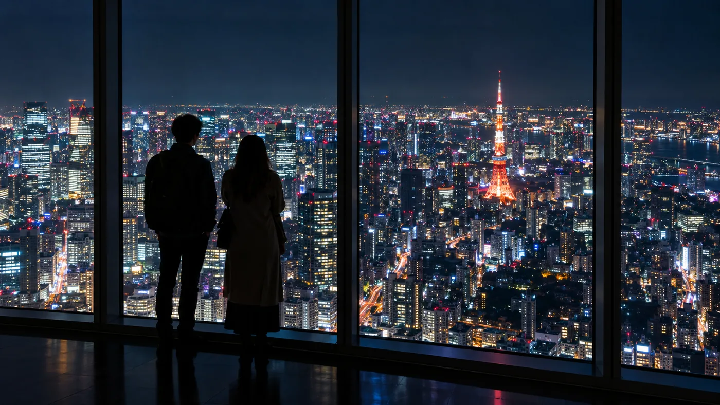 夜の東京を見下ろす大きな窓辺に立つ人たちのシルエット。明かりの灯る街と遠くの東京タワー