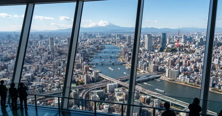 東京上空の展望台の大きな窓辺に立つ人たち。遠くに川と富士山